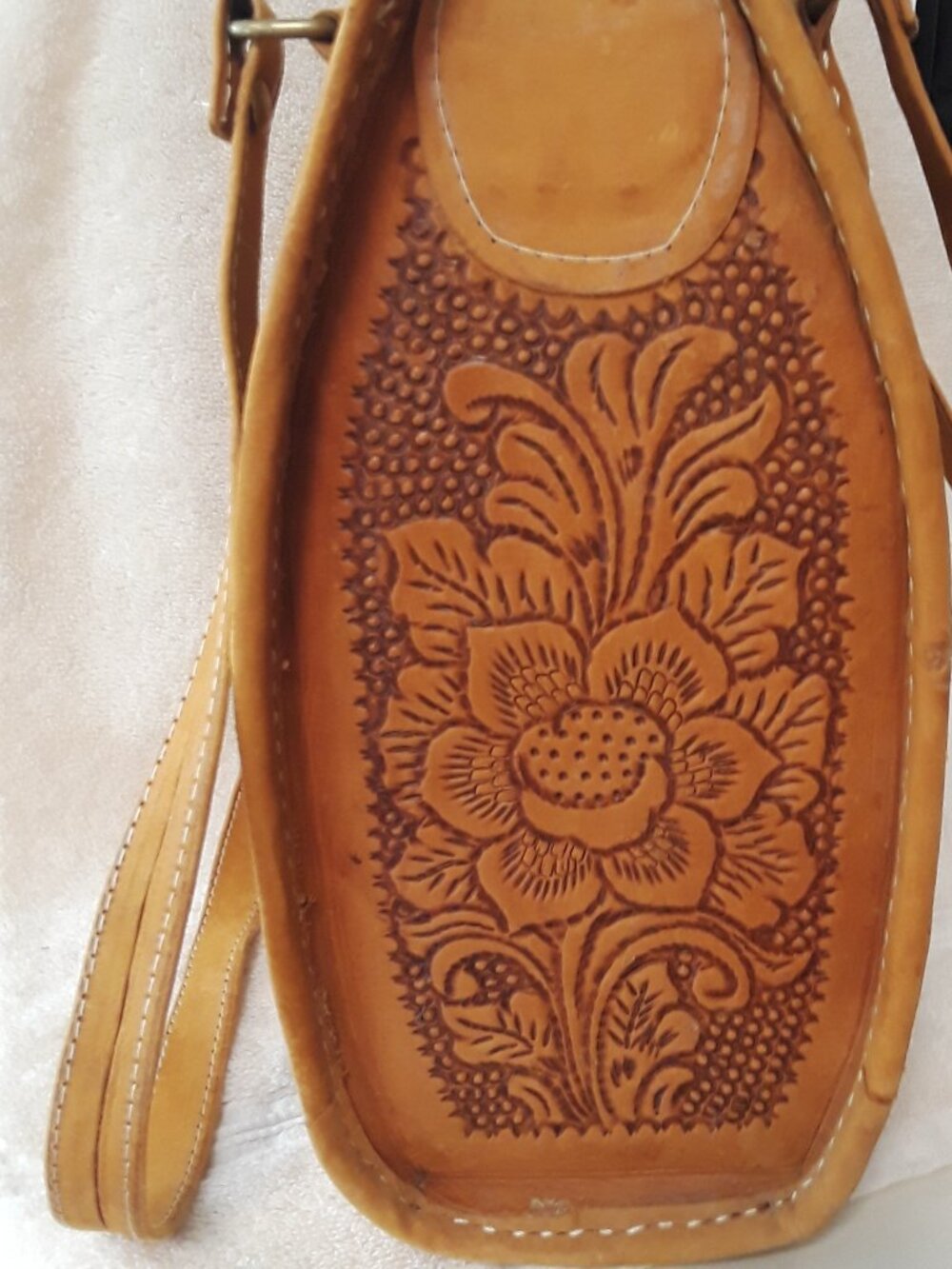Shoulder Bag Leather Hand Tooled/Painted Floral Suede Lined Boho Vintage Tote - Picture 9 of 16